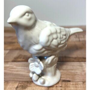 Vintage White Ceramic Bird Figurine On Floral Base Glossy Finish Collectible Hom